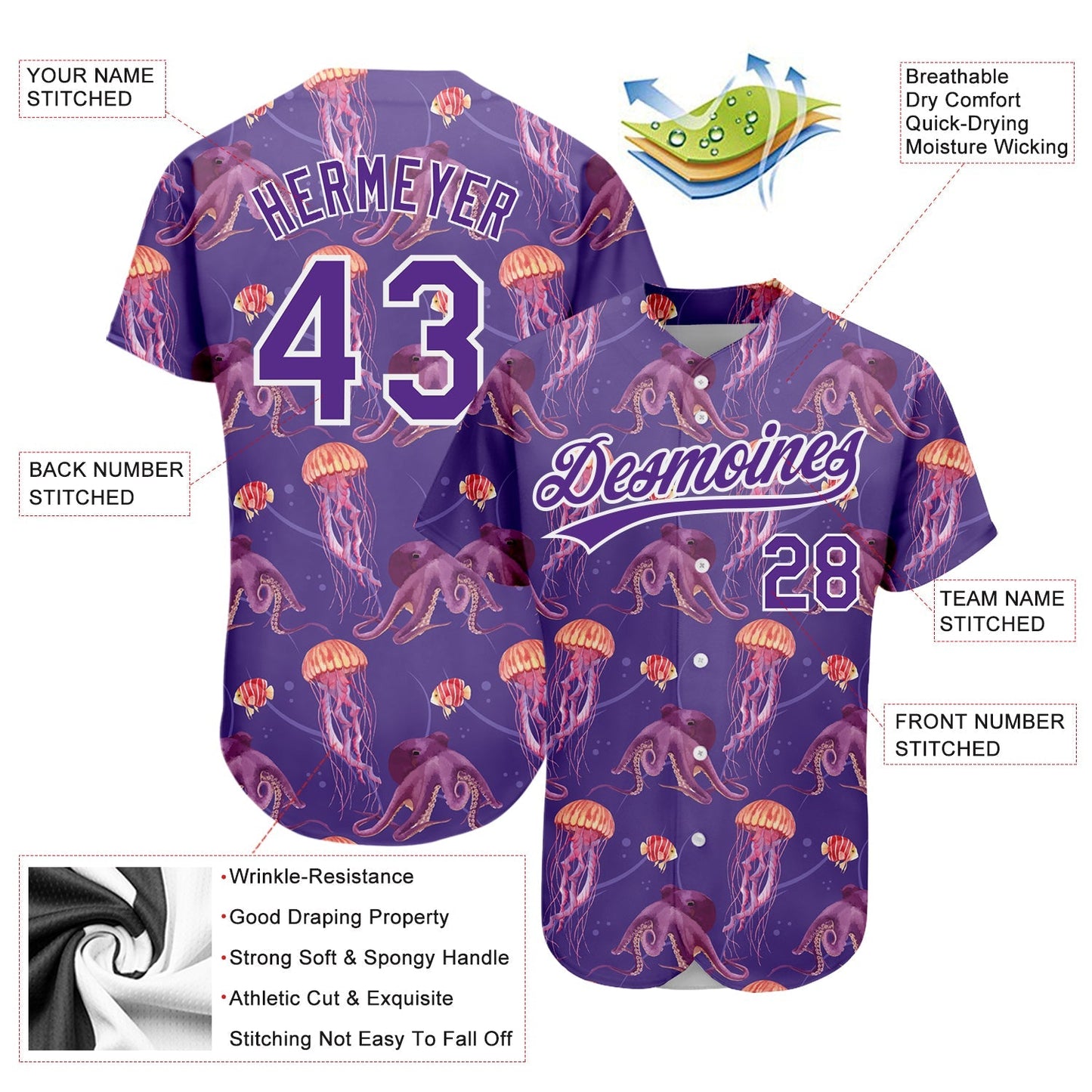 Custom Purple White 3D Pattern Design Jellyfish And Octopus Authentic Baseball Jersey baseball jersey product view 3