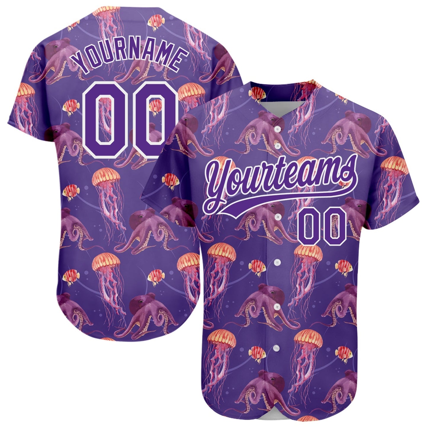 Custom Purple White 3D Pattern Design Jellyfish And Octopus Authentic Baseball Jersey baseball jersey product view 1