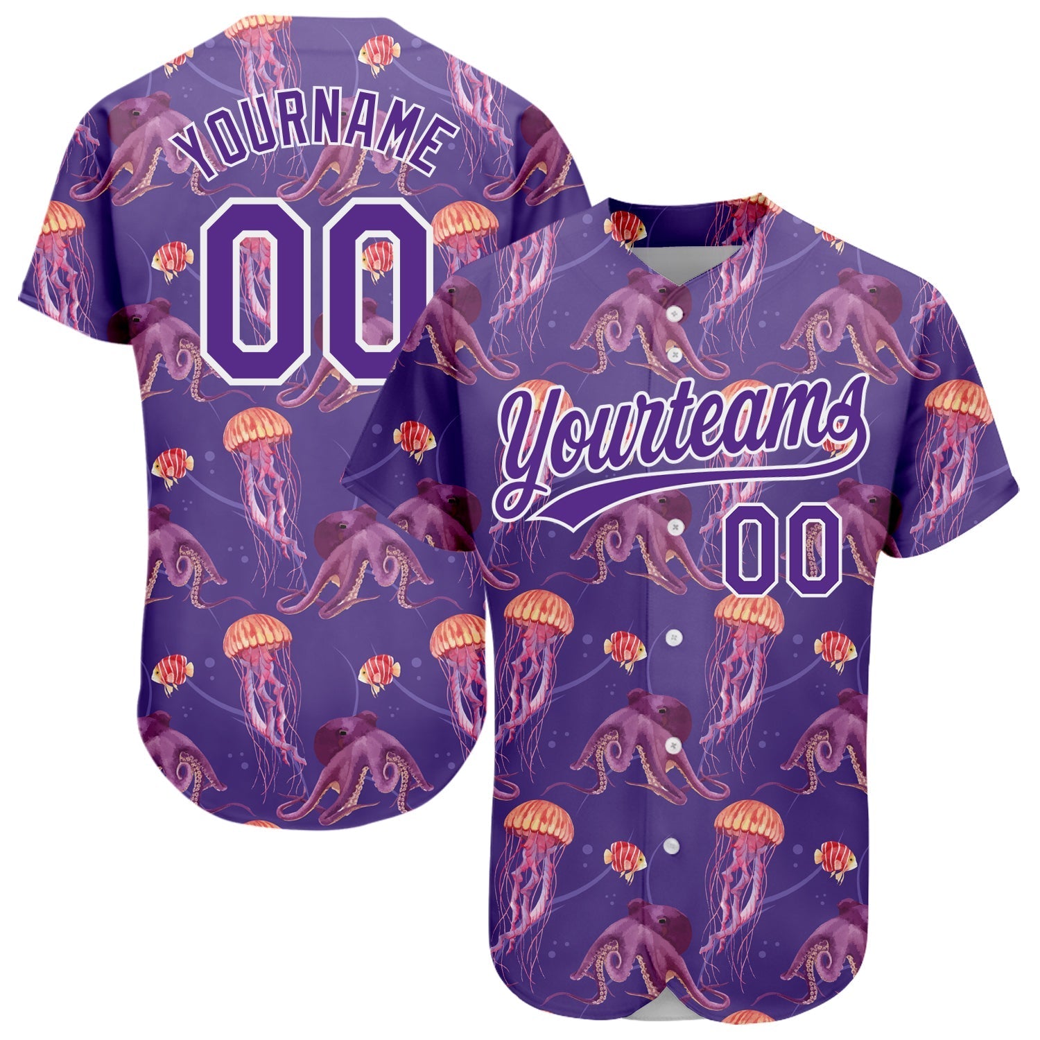 Custom Purple White 3D Pattern Design Jellyfish And Octopus Authentic Baseball Jersey baseball jersey product view 1