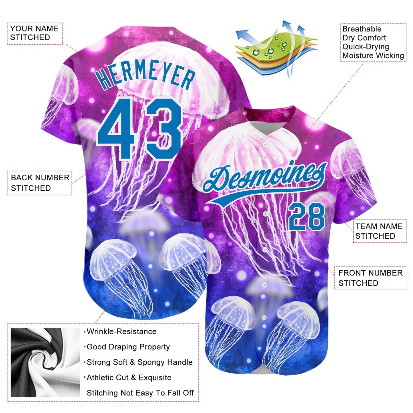 Custom Purple Blue-White 3D Pattern Design Jellyfish Authentic Baseball Jersey baseball jersey product view 3
