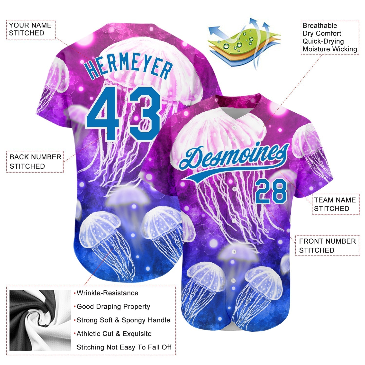 Custom Purple Blue-White 3D Pattern Design Jellyfish Authentic Baseball Jersey baseball jersey product view 3