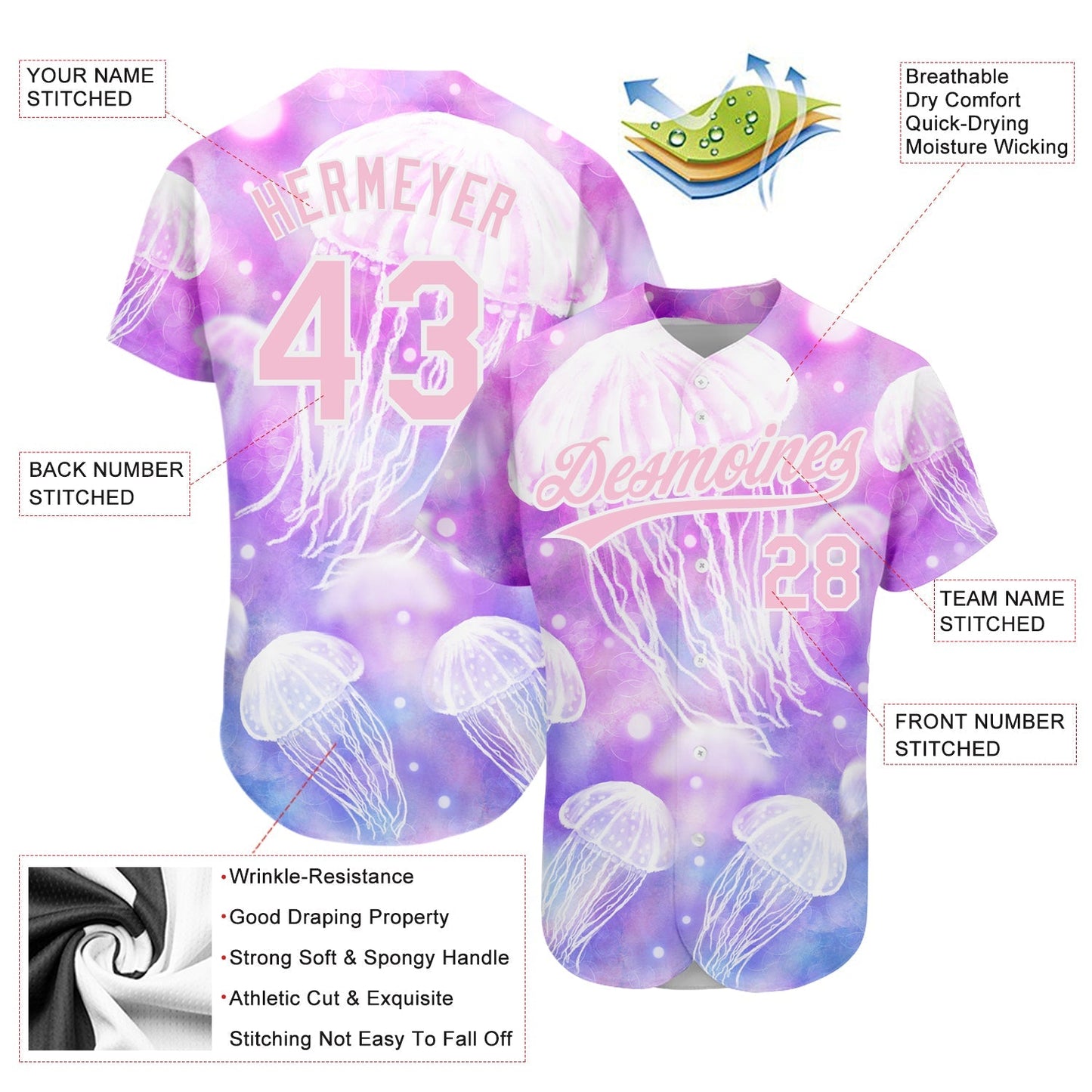 Custom Purple Light Pink-White 3D Pattern Design Jellyfish Authentic Baseball Jersey baseball jersey product view 3