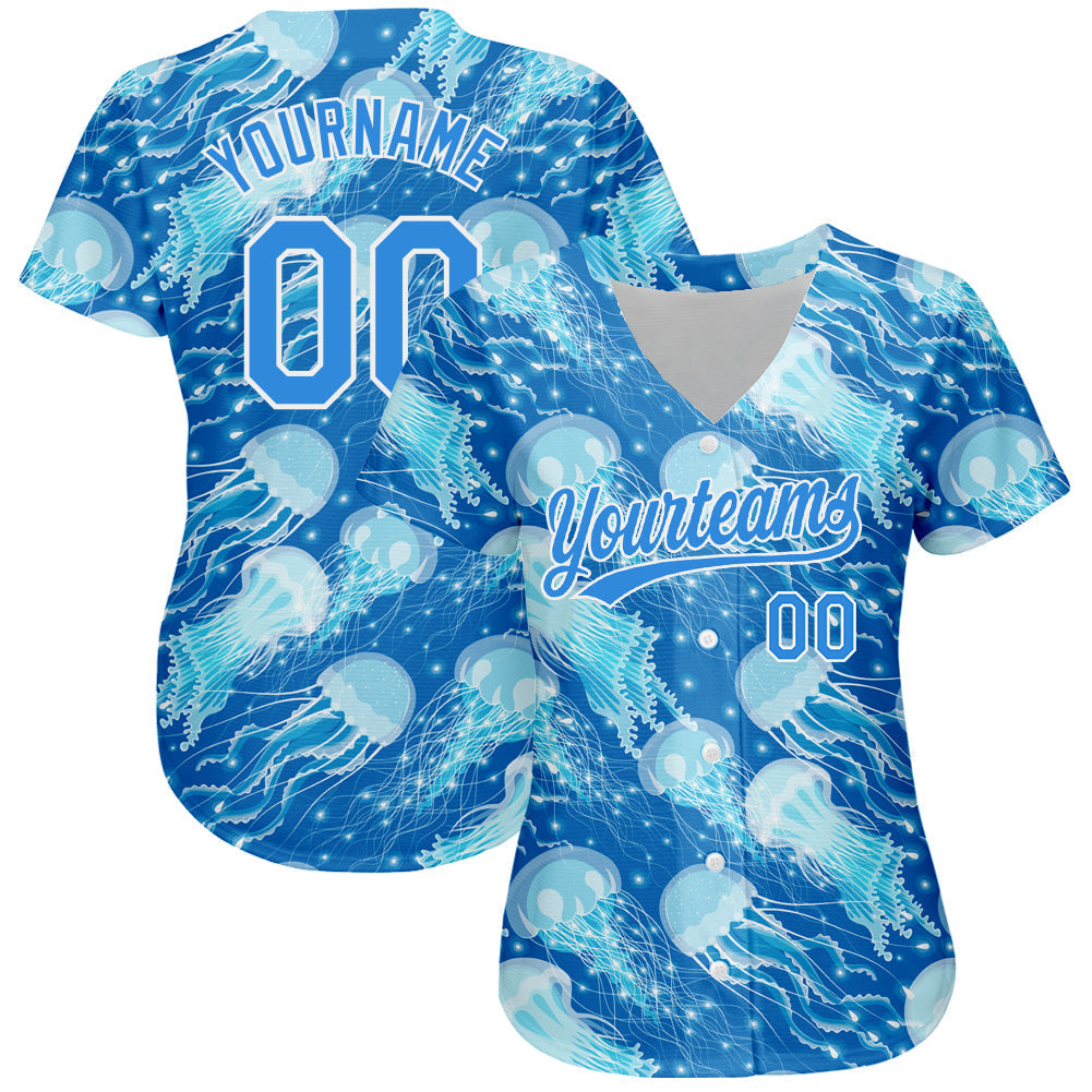 Custom Electric Blue White 3D Pattern Design Jellyfish Authentic Baseball Jersey baseball jersey product view 2