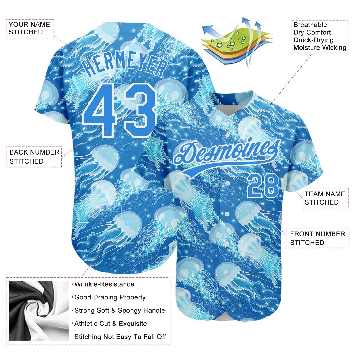 Custom Electric Blue White 3D Pattern Design Jellyfish Authentic Baseball Jersey baseball jersey product view 3