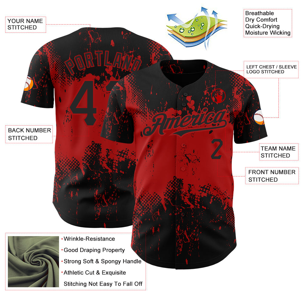 Custom Black Red 3D Pattern Design Abstract Splatter Grunge Art Authentic Baseball Jersey baseball jersey product view 3