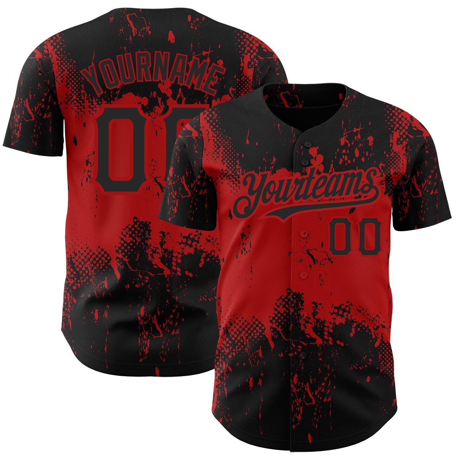 Custom Black Red 3D Pattern Design Abstract Splatter Grunge Art Authentic Baseball Jersey baseball jersey product view 1