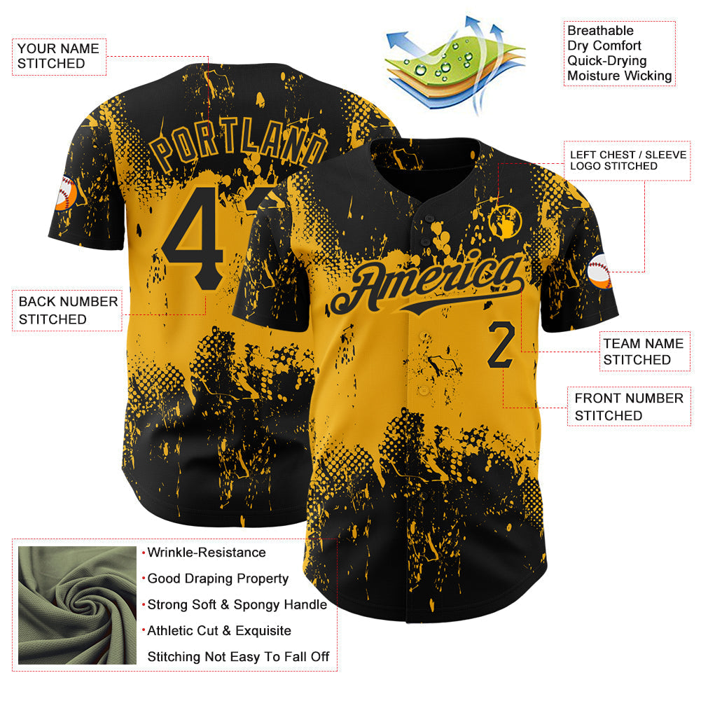 Custom Black Gold 3D Pattern Design Abstract Splatter Grunge Art Authentic Baseball Jersey baseball jersey product view 3