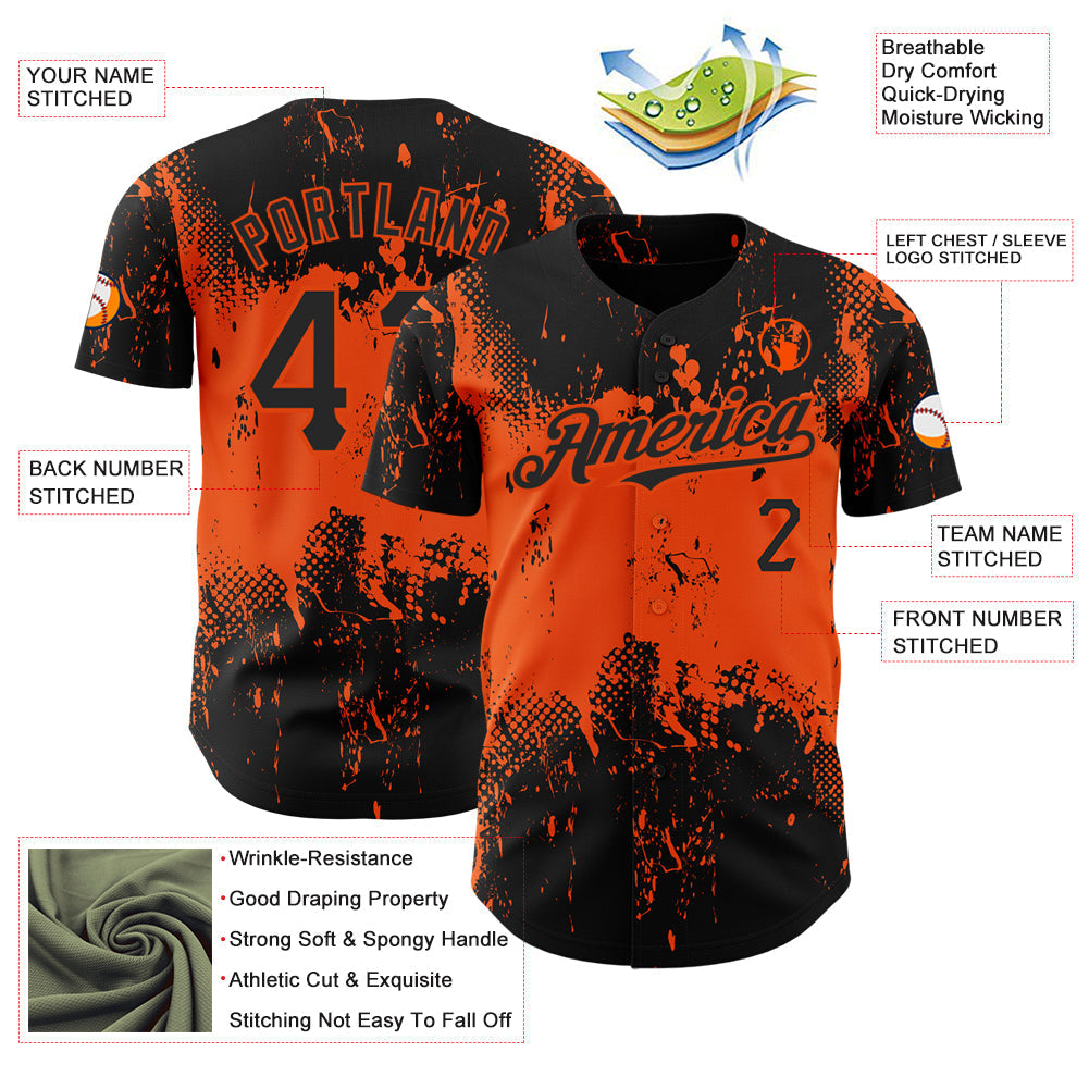 Custom Black Orange 3D Pattern Design Abstract Splatter Grunge Art Authentic Baseball Jersey baseball jersey product view 3