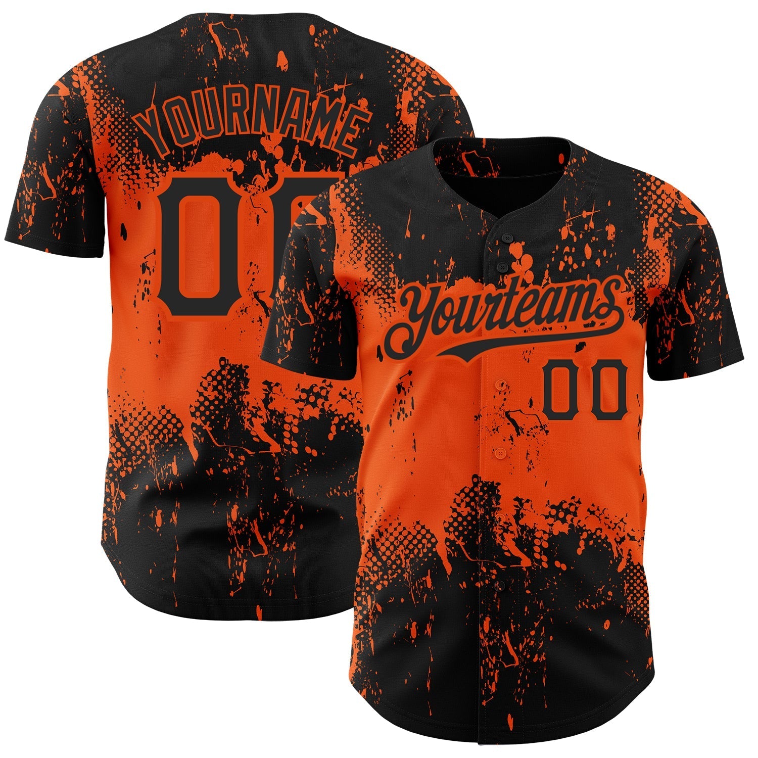 Custom Black Orange 3D Pattern Design Abstract Splatter Grunge Art Authentic Baseball Jersey baseball jersey product view 1