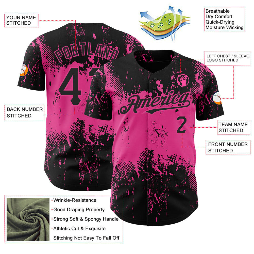 Custom Black Pink 3D Pattern Design Abstract Splatter Grunge Art Authentic Baseball Jersey baseball jersey product view 3