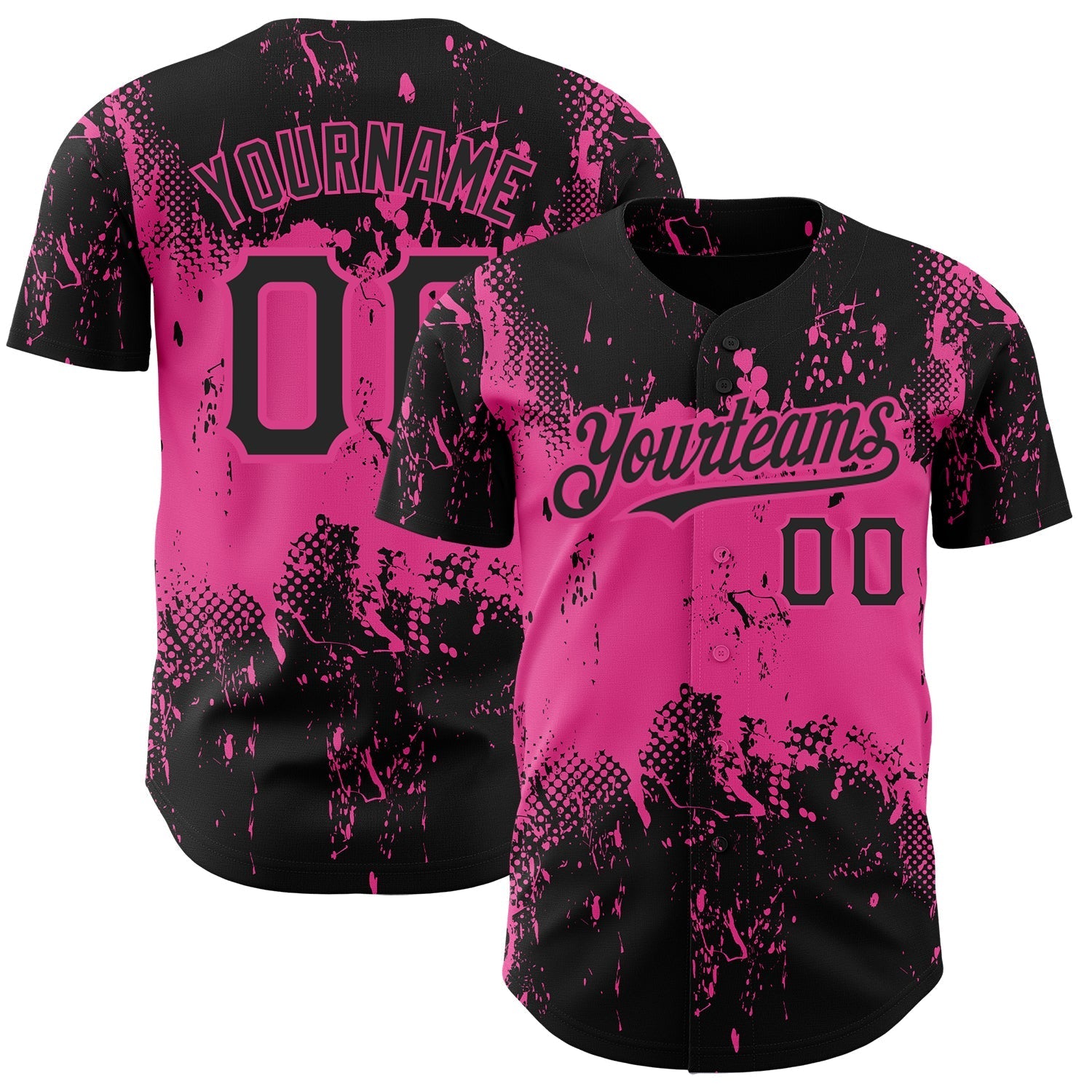Custom Black Pink 3D Pattern Design Abstract Splatter Grunge Art Authentic Baseball Jersey baseball jersey product view 1