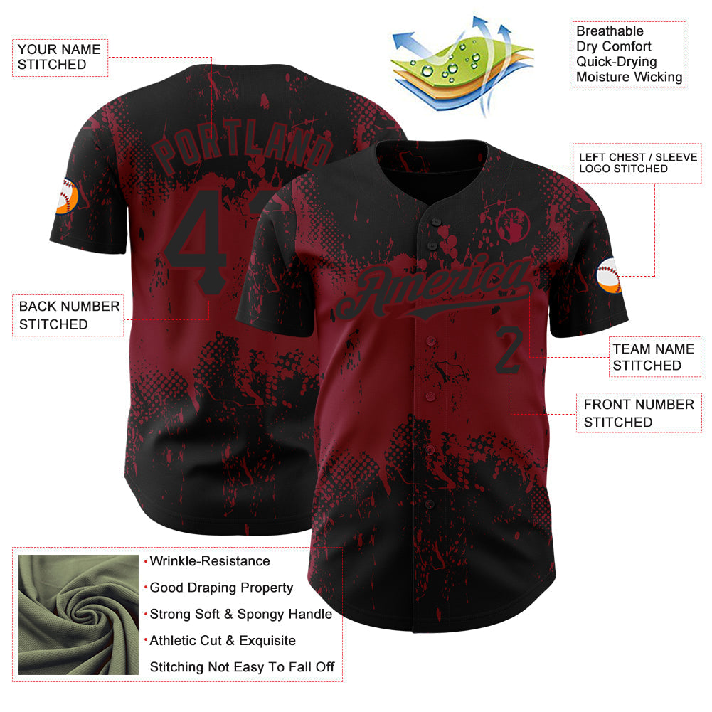 Custom Black Crimson 3D Pattern Design Abstract Splatter Grunge Art Authentic Baseball Jersey baseball jersey product view 3