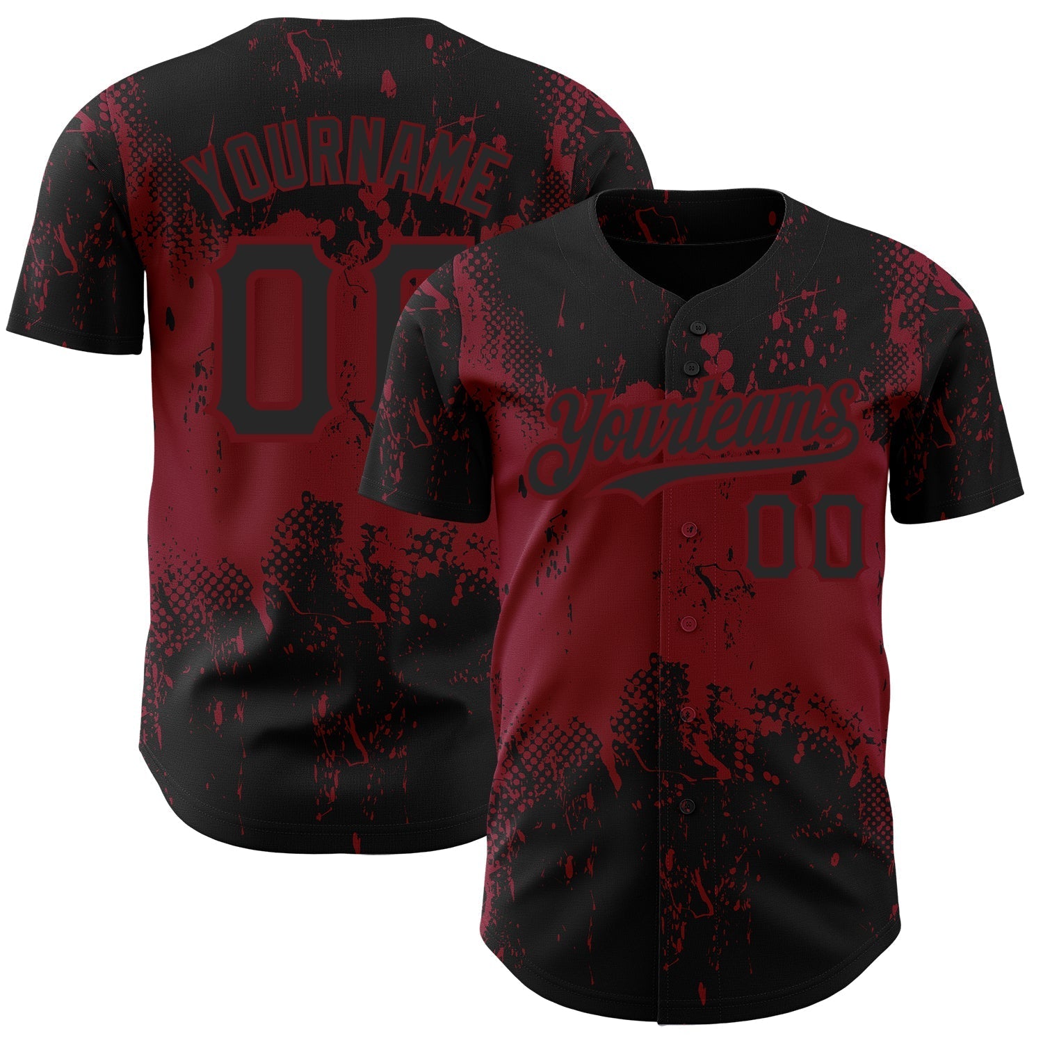 Custom Black Crimson 3D Pattern Design Abstract Splatter Grunge Art Authentic Baseball Jersey baseball jersey product view 1