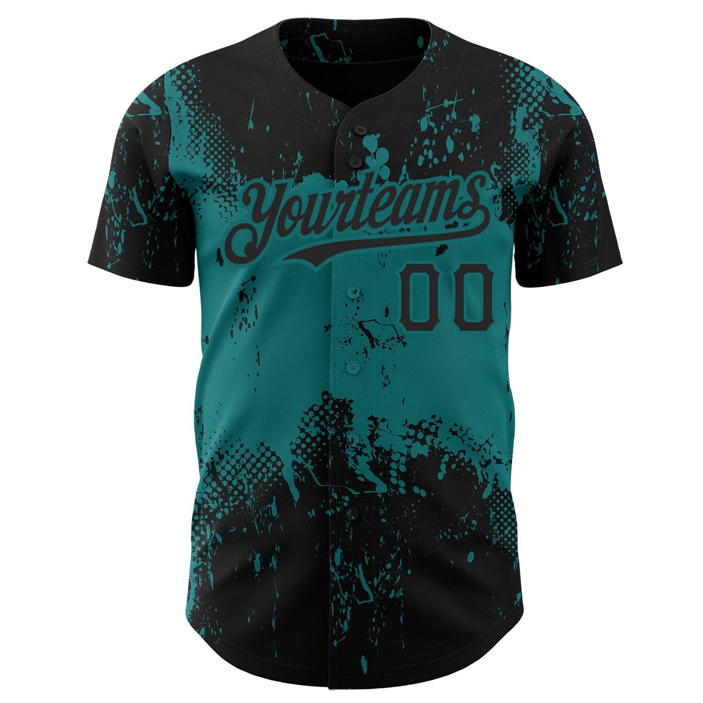 Custom Black Teal 3D Pattern Design Abstract Splatter Grunge Art Authentic Baseball Jersey baseball jersey product view 3