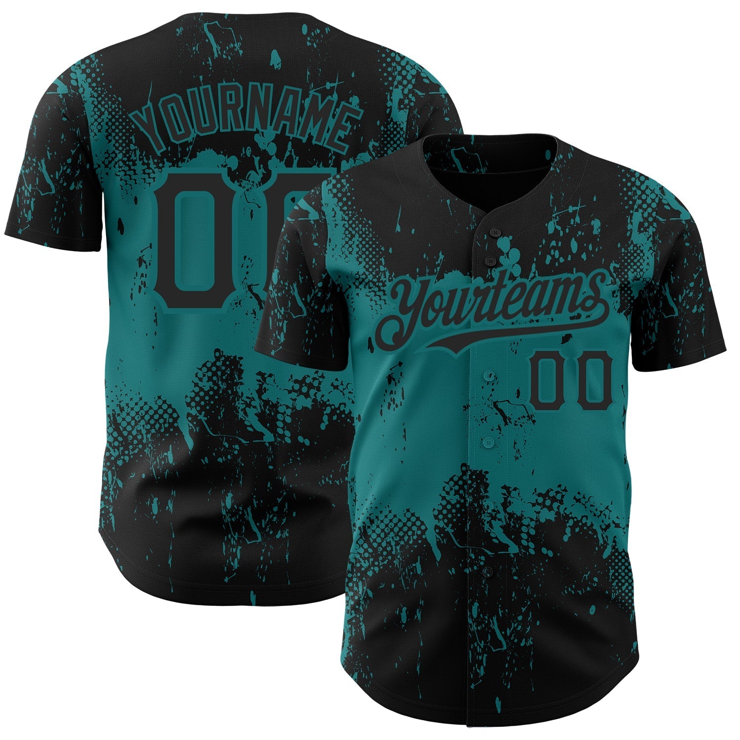 Custom Black Teal 3D Pattern Design Abstract Splatter Grunge Art Authentic Baseball Jersey baseball jersey product view 1
