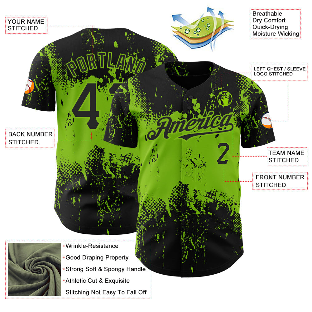 Custom Black Neon Green 3D Pattern Design Abstract Splatter Grunge Art Authentic Baseball Jersey baseball jersey product view 3