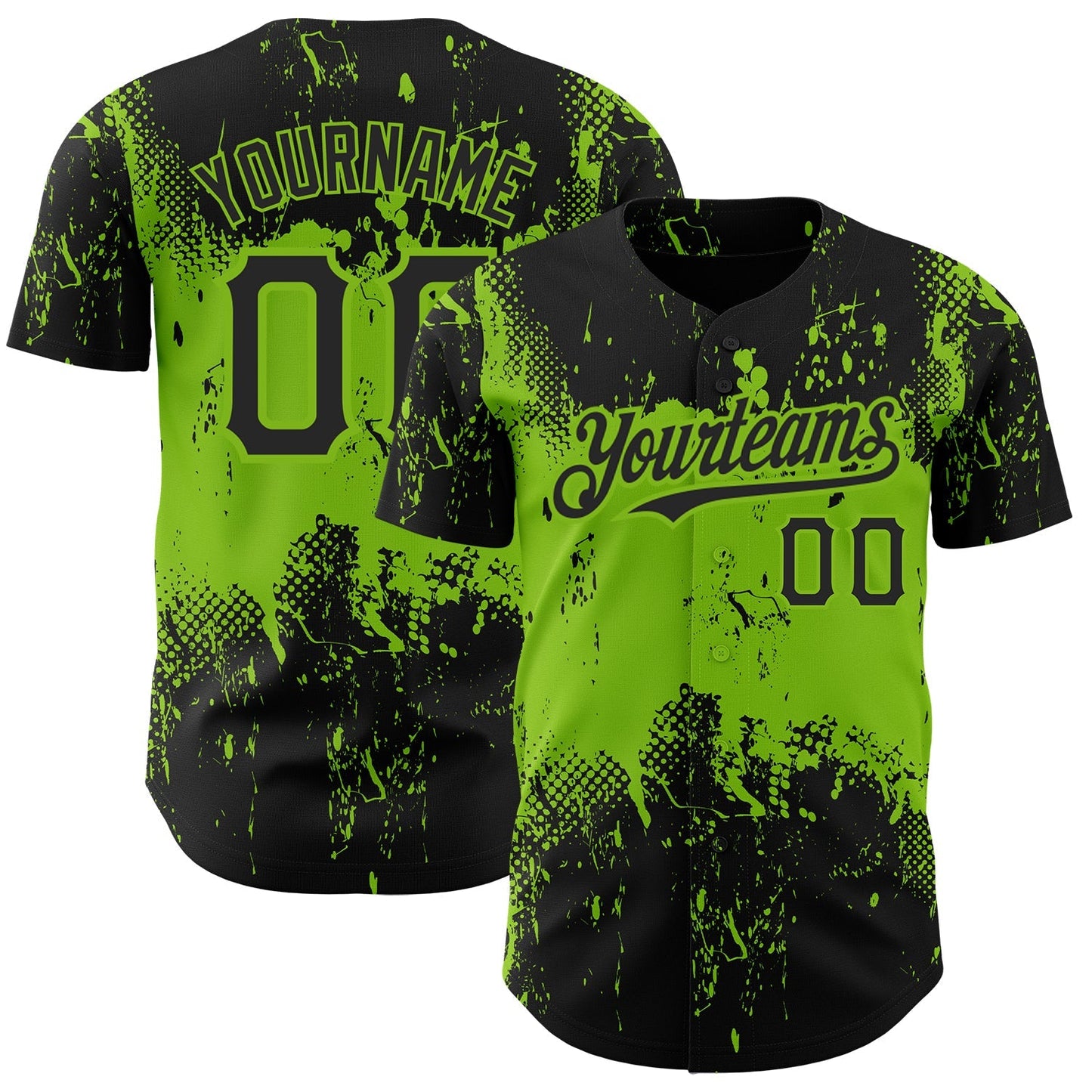 Custom Black Neon Green 3D Pattern Design Abstract Splatter Grunge Art Authentic Baseball Jersey baseball jersey product view 1