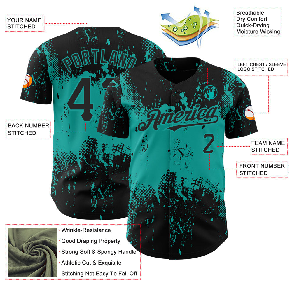 Custom Black Aqua 3D Pattern Design Abstract Splatter Grunge Art Authentic Baseball Jersey baseball jersey product view 3