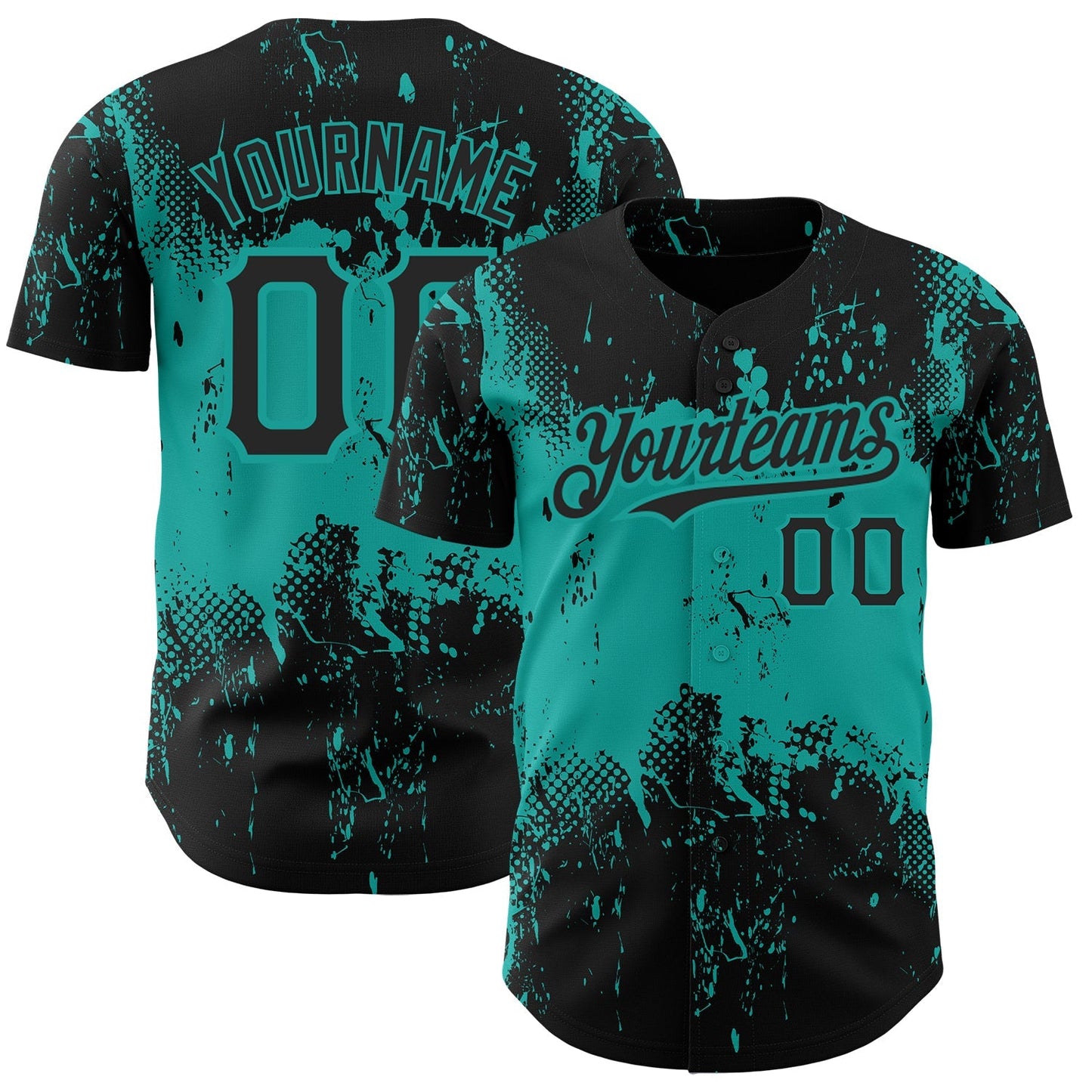 Custom Black Aqua 3D Pattern Design Abstract Splatter Grunge Art Authentic Baseball Jersey baseball jersey product view 1