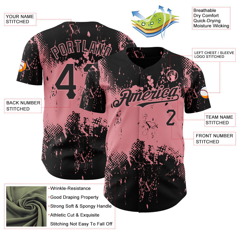 Custom Black Medium Pink 3D Pattern Design Abstract Splatter Grunge Art Authentic Baseball Jersey baseball jersey product view 3