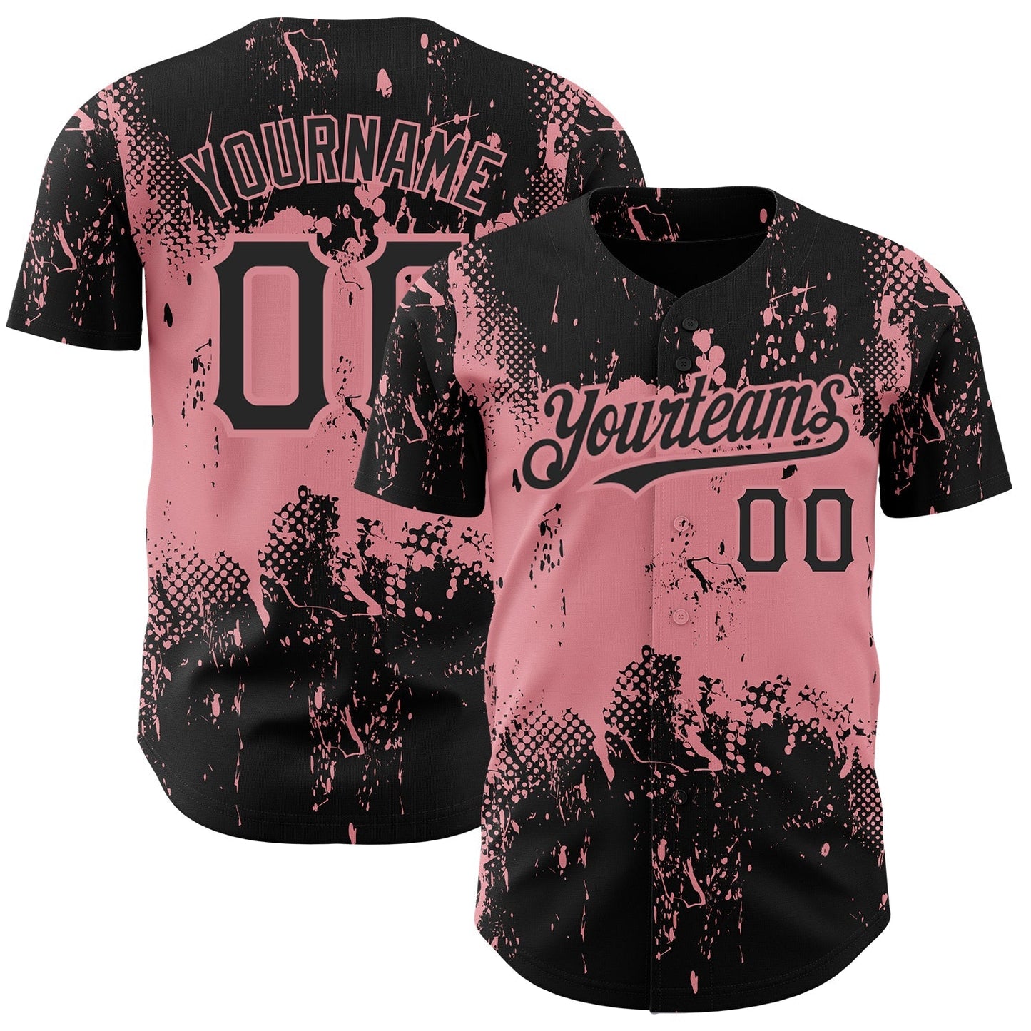 Custom Black Medium Pink 3D Pattern Design Abstract Splatter Grunge Art Authentic Baseball Jersey baseball jersey product view 1