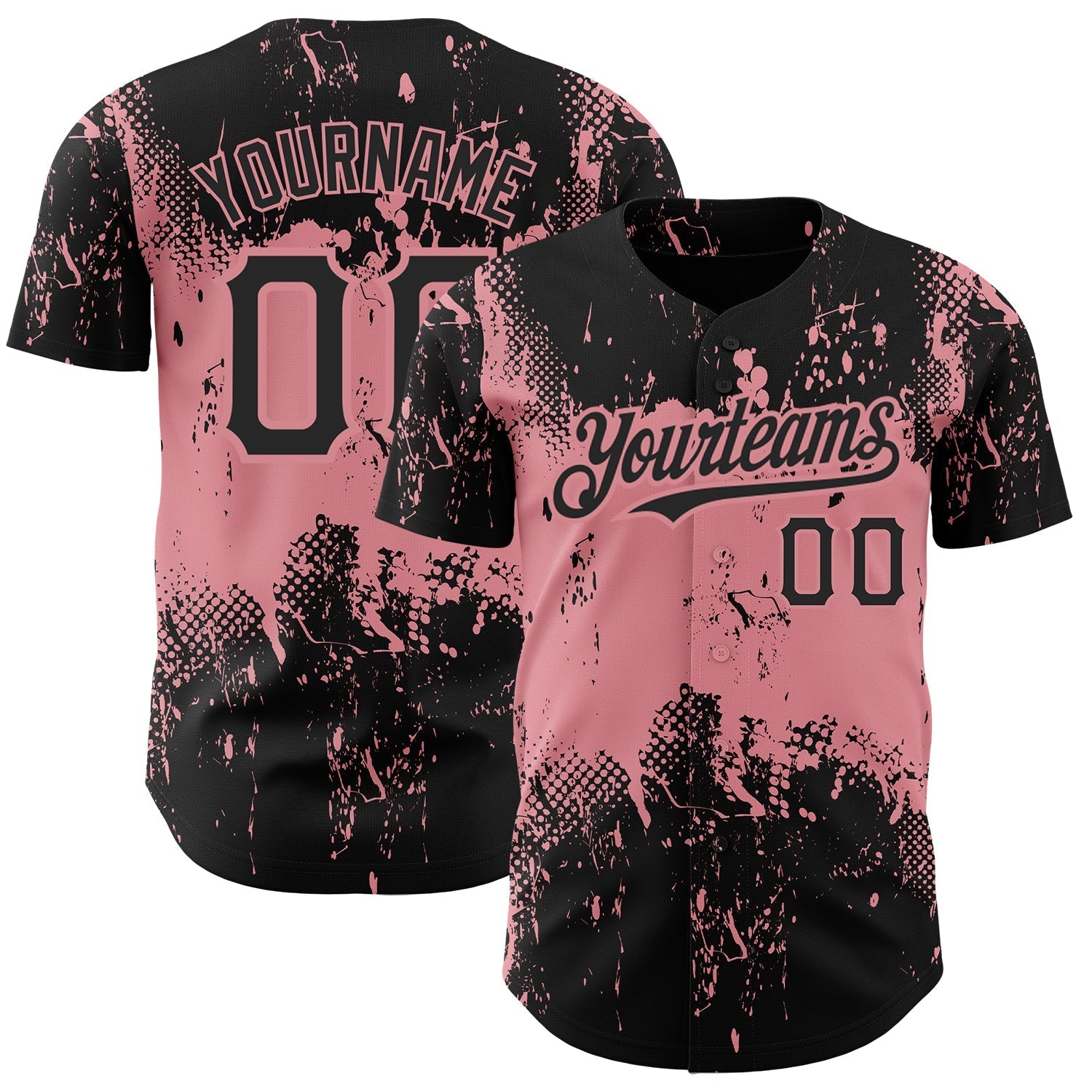 Custom Black Medium Pink 3D Pattern Design Abstract Splatter Grunge Art Authentic Baseball Jersey baseball jersey product view 1