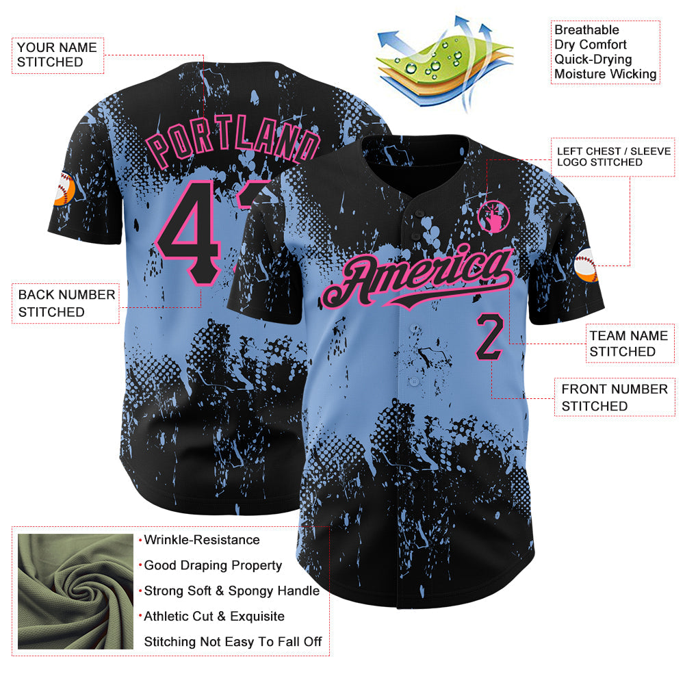 Custom Black Light Blue-Pink 3D Pattern Design Abstract Splatter Grunge Art Authentic Baseball Jersey baseball jersey product view 3
