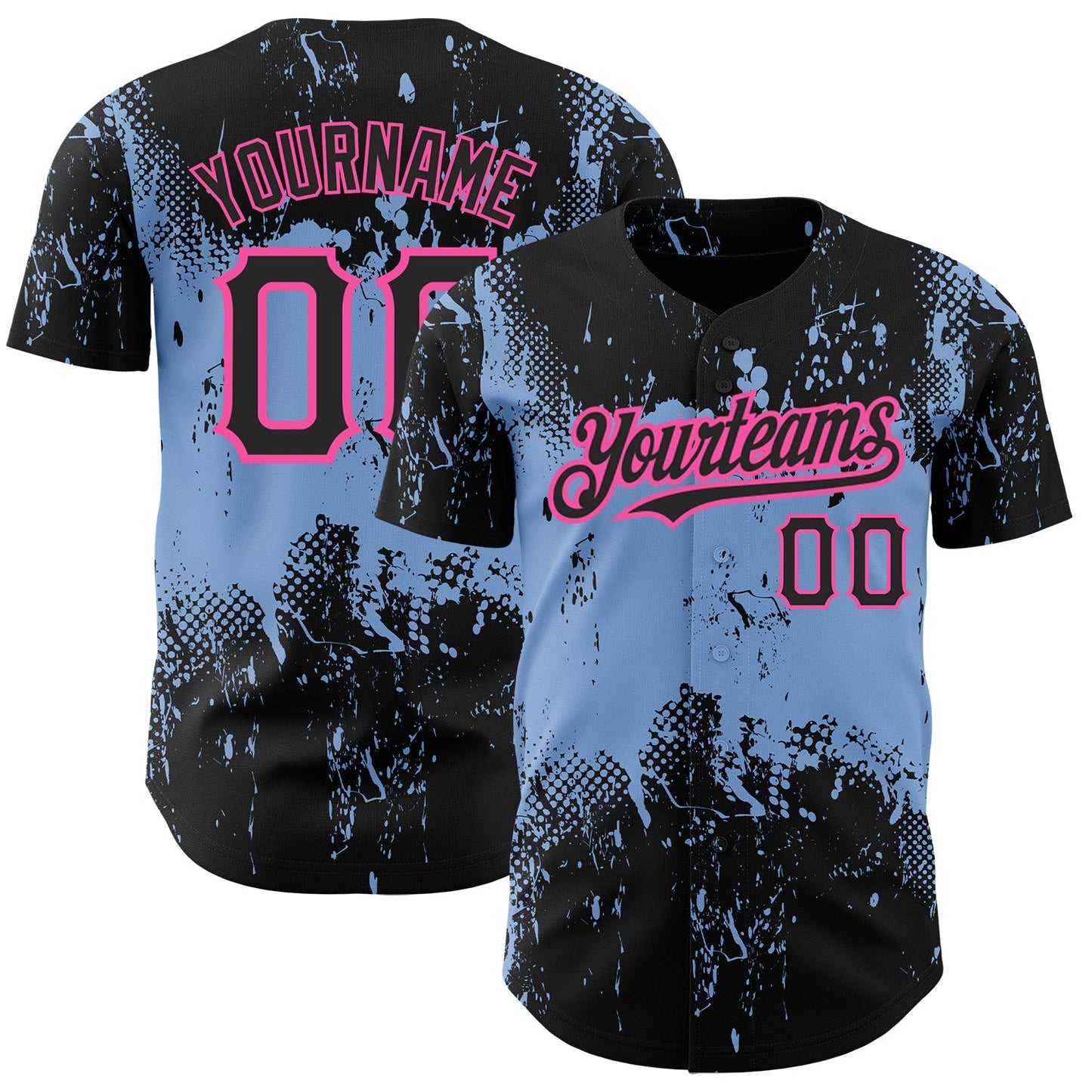 Custom Black Light Blue-Pink 3D Pattern Design Abstract Splatter Grunge Art Authentic Baseball Jersey baseball jersey product view 1