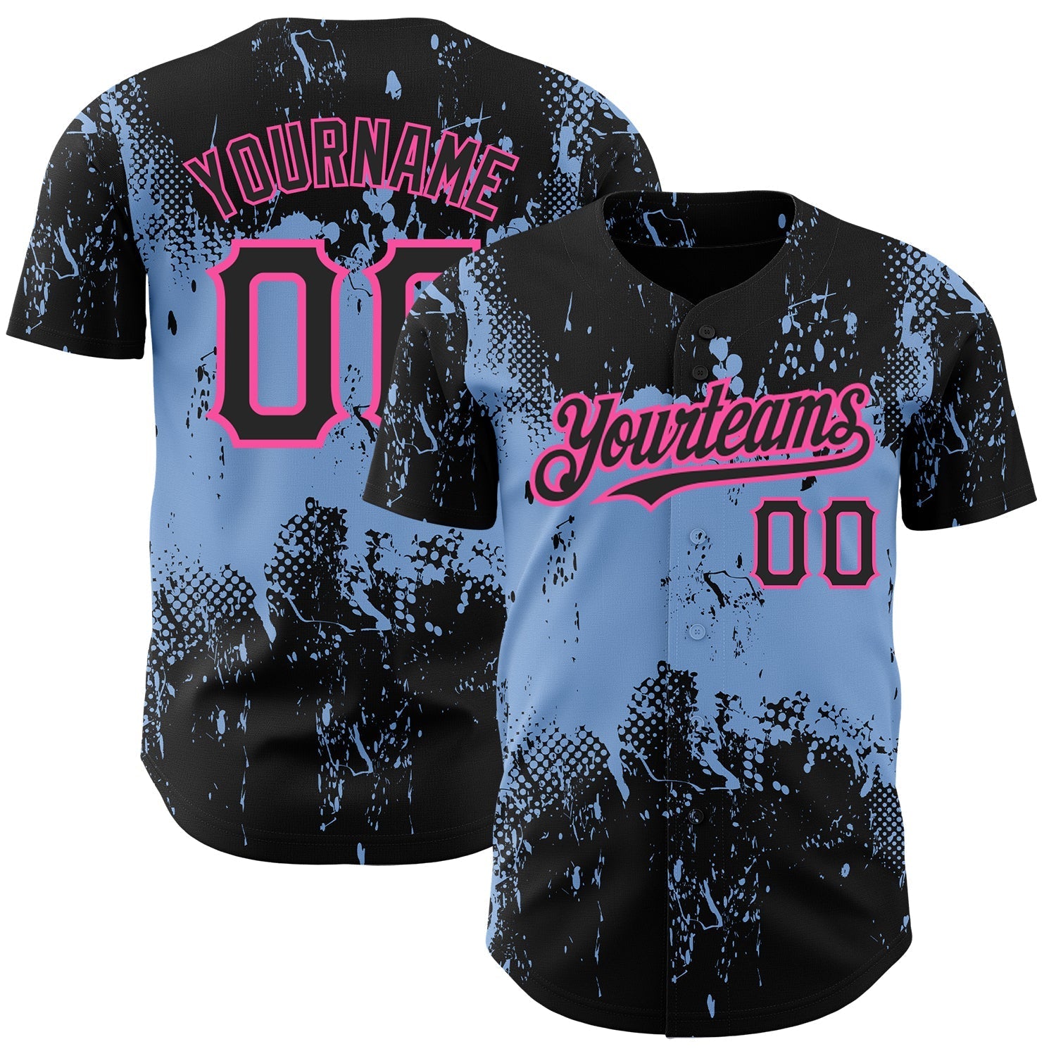 Custom Black Light Blue-Pink 3D Pattern Design Abstract Splatter Grunge Art Authentic Baseball Jersey baseball jersey product view 1