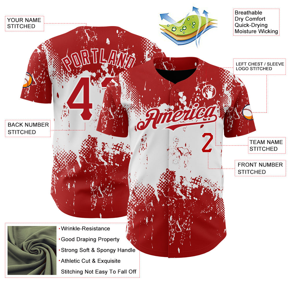 Custom Red White 3D Pattern Design Abstract Splatter Grunge Art Authentic Baseball Jersey baseball jersey product view 3