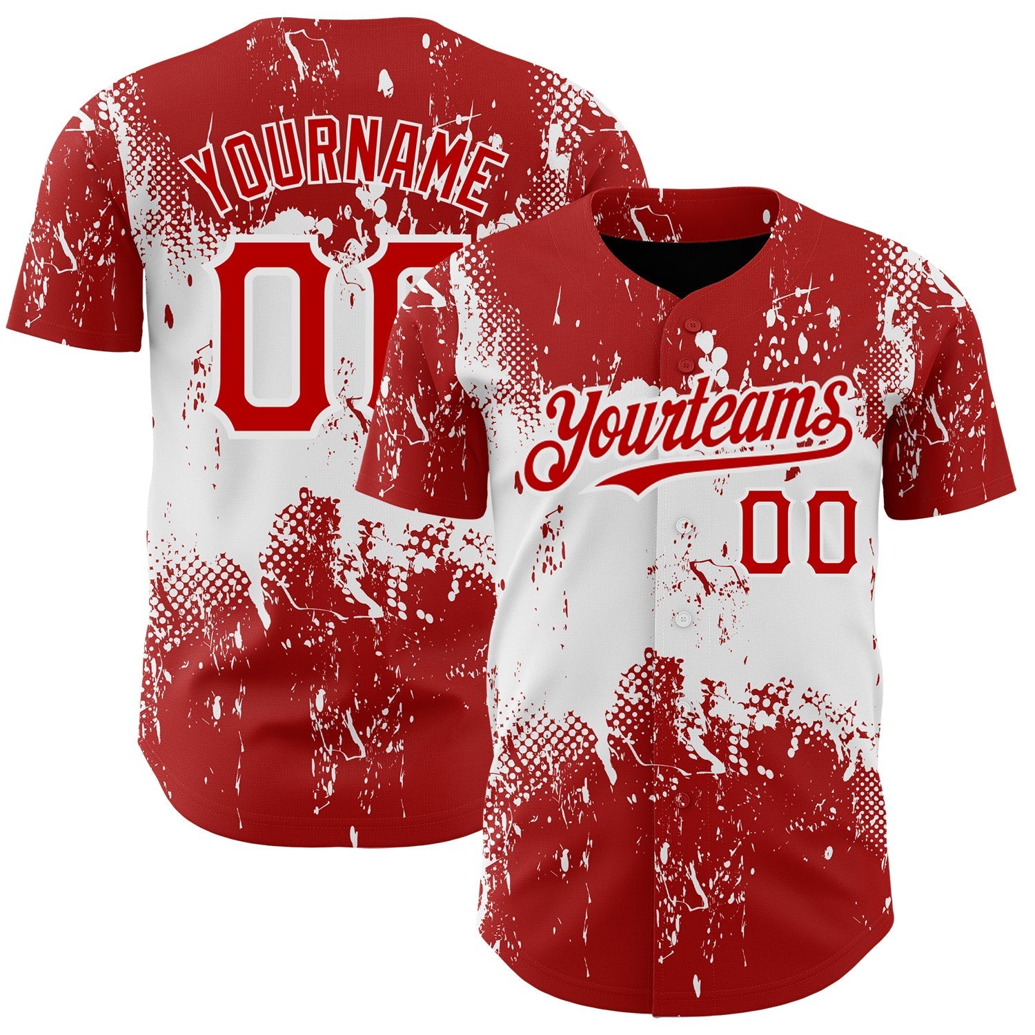 Custom Red White 3D Pattern Design Abstract Splatter Grunge Art Authentic Baseball Jersey baseball jersey product view 1