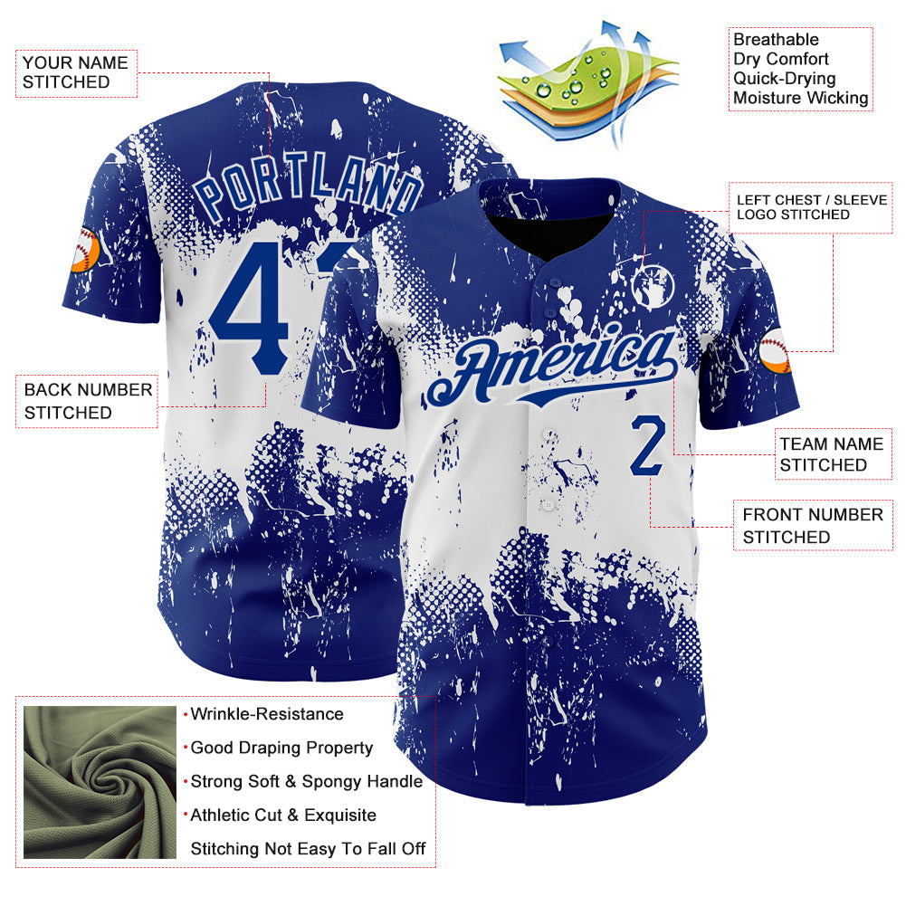 Custom Royal White 3D Pattern Design Abstract Splatter Grunge Art Authentic Baseball Jersey baseball jersey product view 3