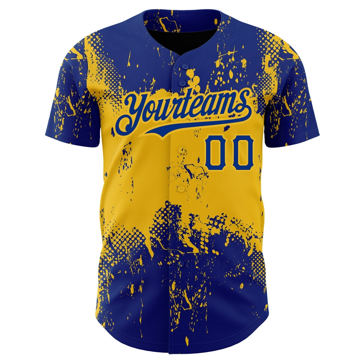 Custom Royal Yellow 3D Pattern Design Abstract Splatter Grunge Art Authentic Baseball Jersey baseball jersey product view 2