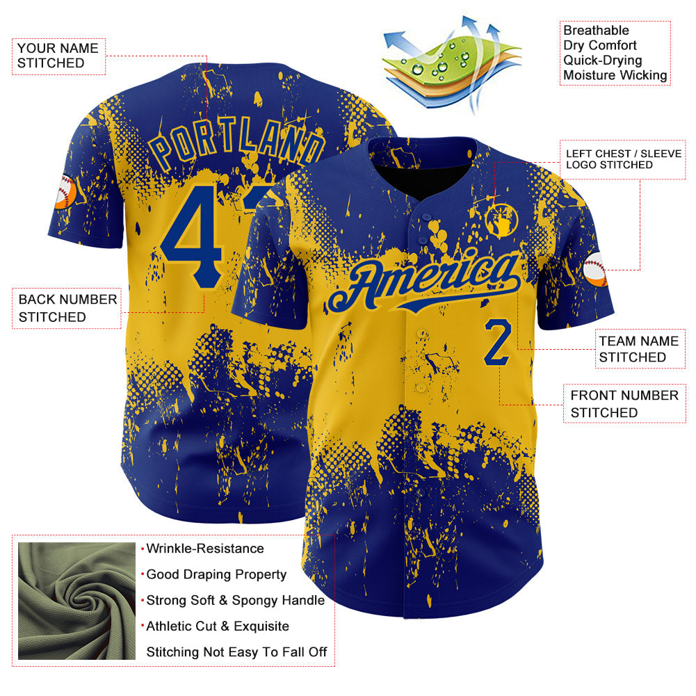 Custom Royal Yellow 3D Pattern Design Abstract Splatter Grunge Art Authentic Baseball Jersey baseball jersey product view 3
