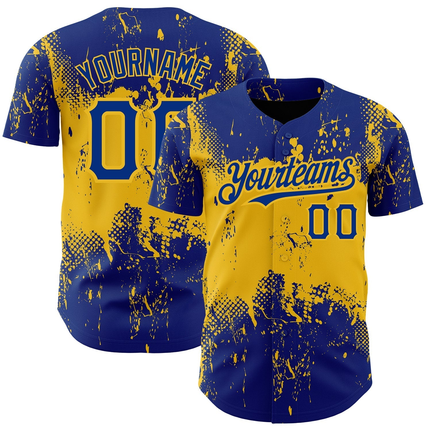 Custom Royal Yellow 3D Pattern Design Abstract Splatter Grunge Art Authentic Baseball Jersey baseball jersey product view 1
