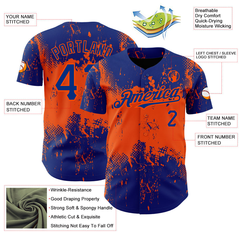 Custom Royal Orange 3D Pattern Design Abstract Splatter Grunge Art Authentic Baseball Jersey baseball jersey product view 3