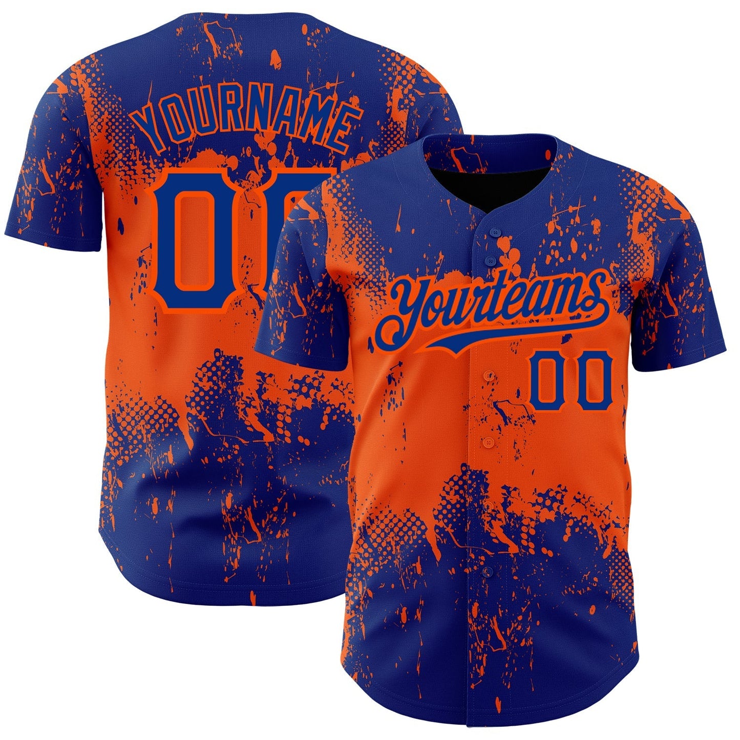 Custom Royal Orange 3D Pattern Design Abstract Splatter Grunge Art Authentic Baseball Jersey baseball jersey product view 1