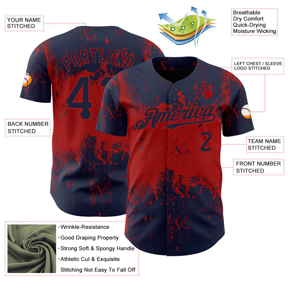 Custom Navy Red 3D Pattern Design Abstract Splatter Grunge Art Authentic Baseball Jersey baseball jersey product view 3