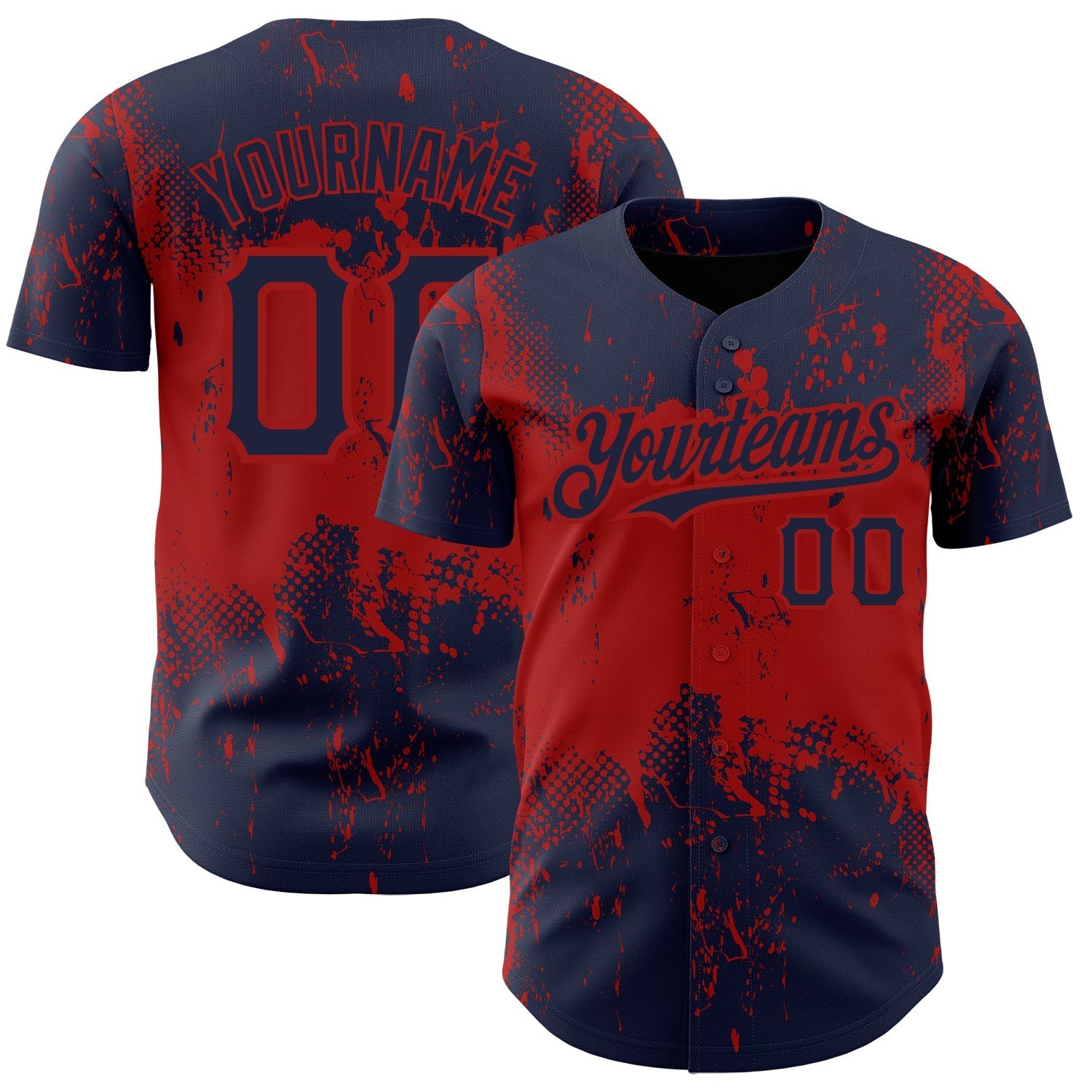 Custom Navy Red 3D Pattern Design Abstract Splatter Grunge Art Authentic Baseball Jersey baseball jersey product view 1
