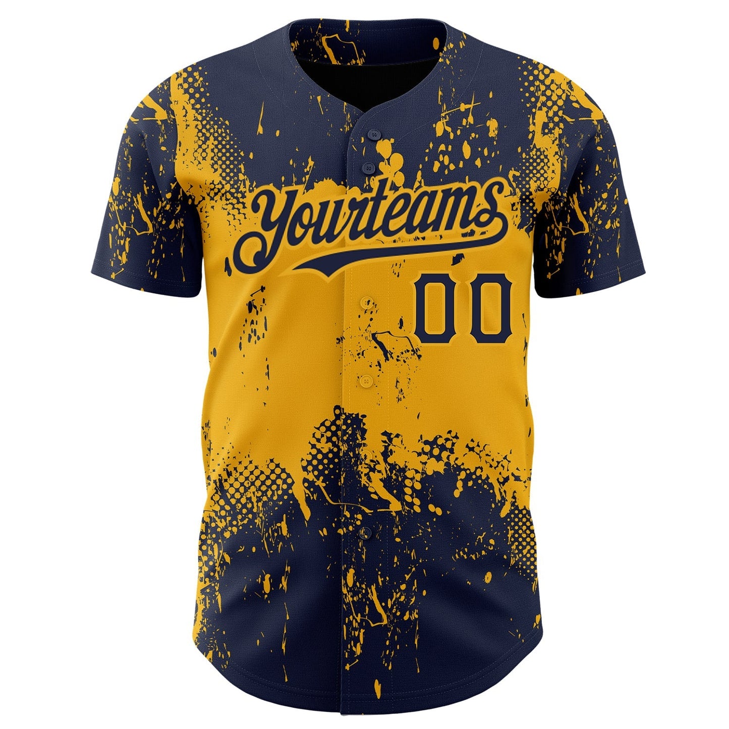 Custom Navy Gold 3D Pattern Design Abstract Splatter Grunge Art Authentic Baseball Jersey baseball jersey product view 2