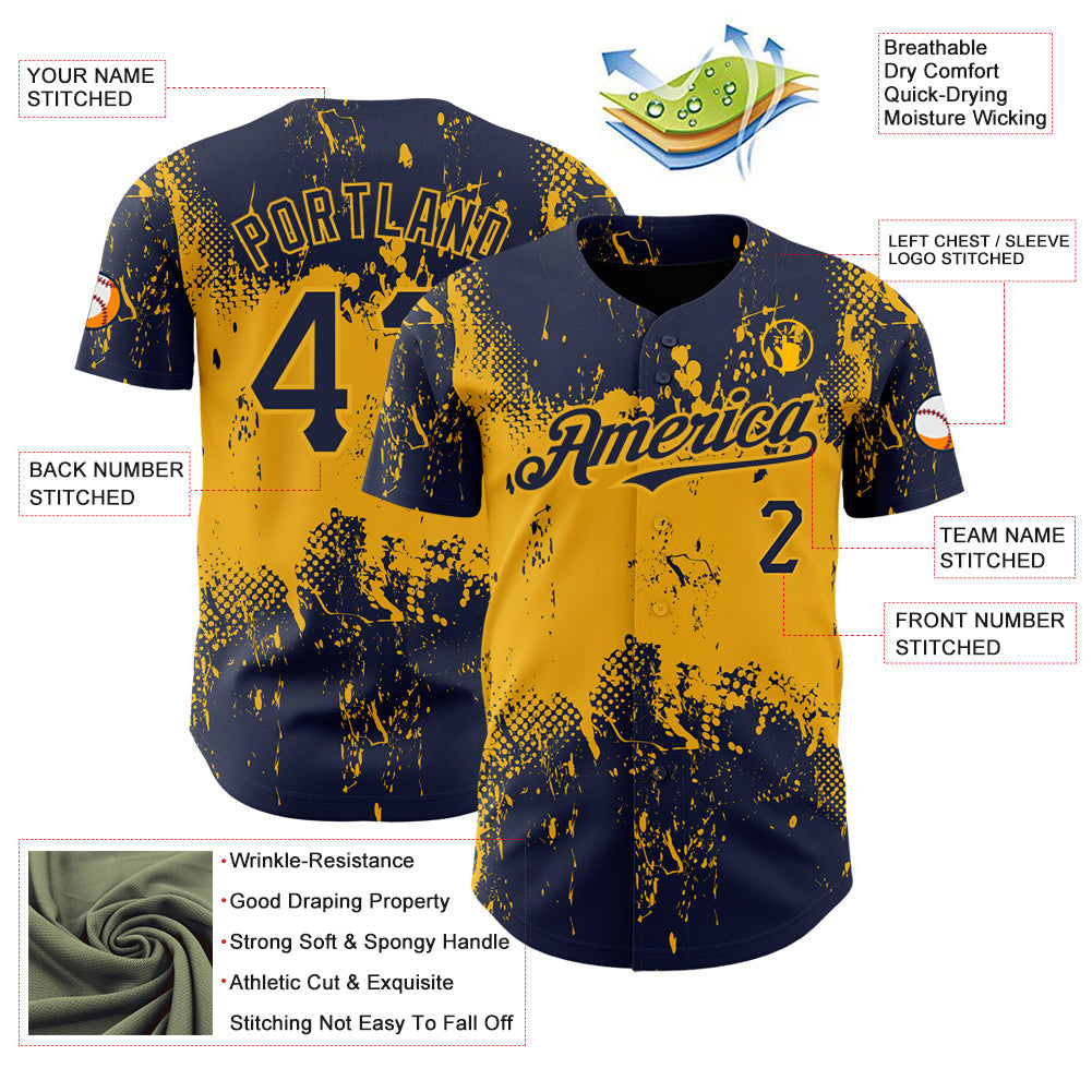 Custom Navy Gold 3D Pattern Design Abstract Splatter Grunge Art Authentic Baseball Jersey baseball jersey product view 3