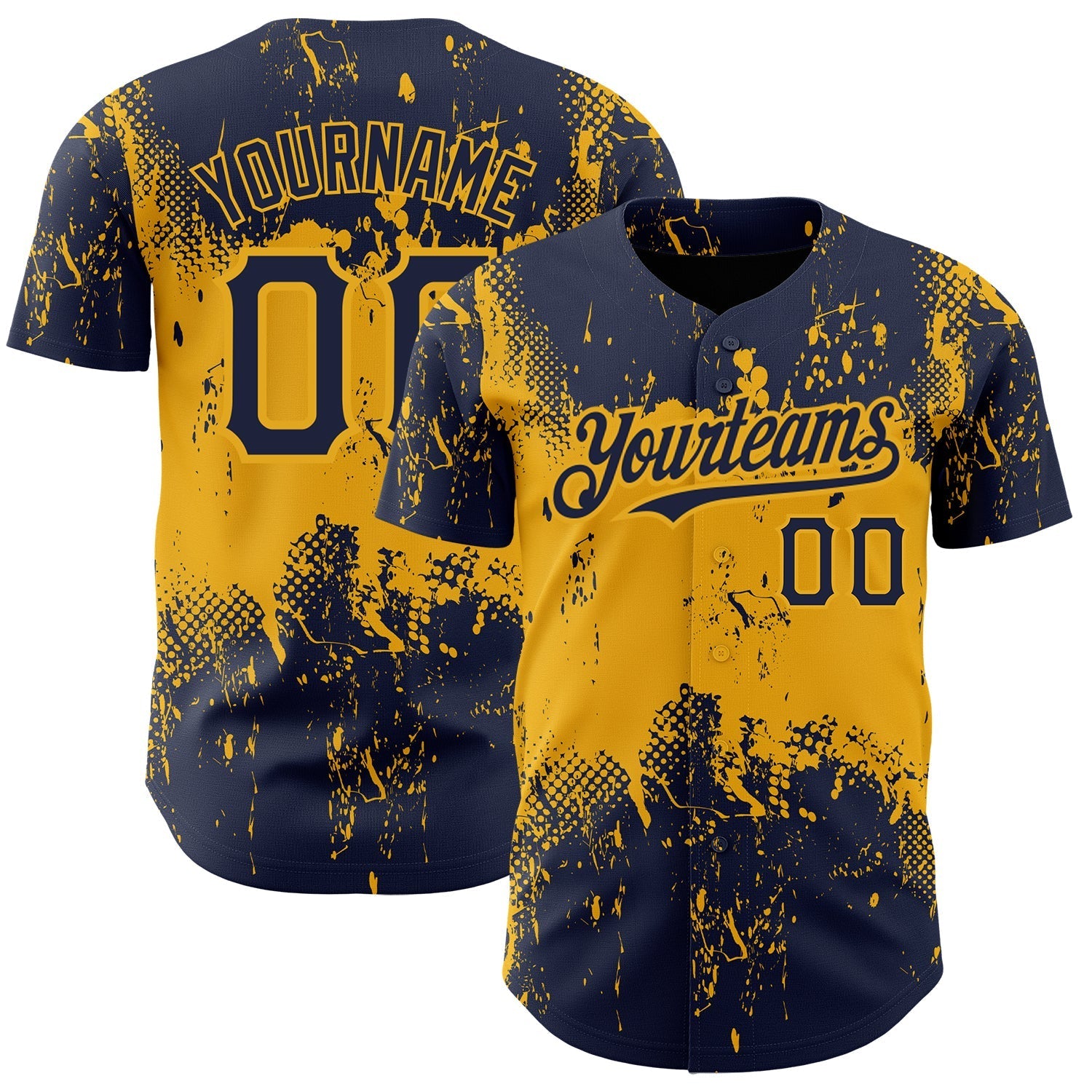 Custom Navy Gold 3D Pattern Design Abstract Splatter Grunge Art Authentic Baseball Jersey baseball jersey product view 1