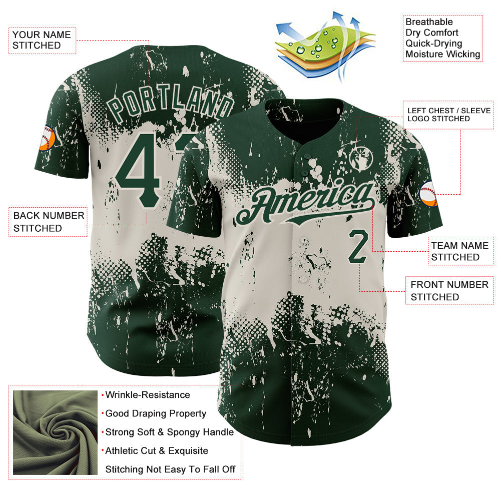 Custom Green Cream 3D Pattern Design Abstract Splatter Grunge Art Authentic Baseball Jersey baseball jersey product view 3