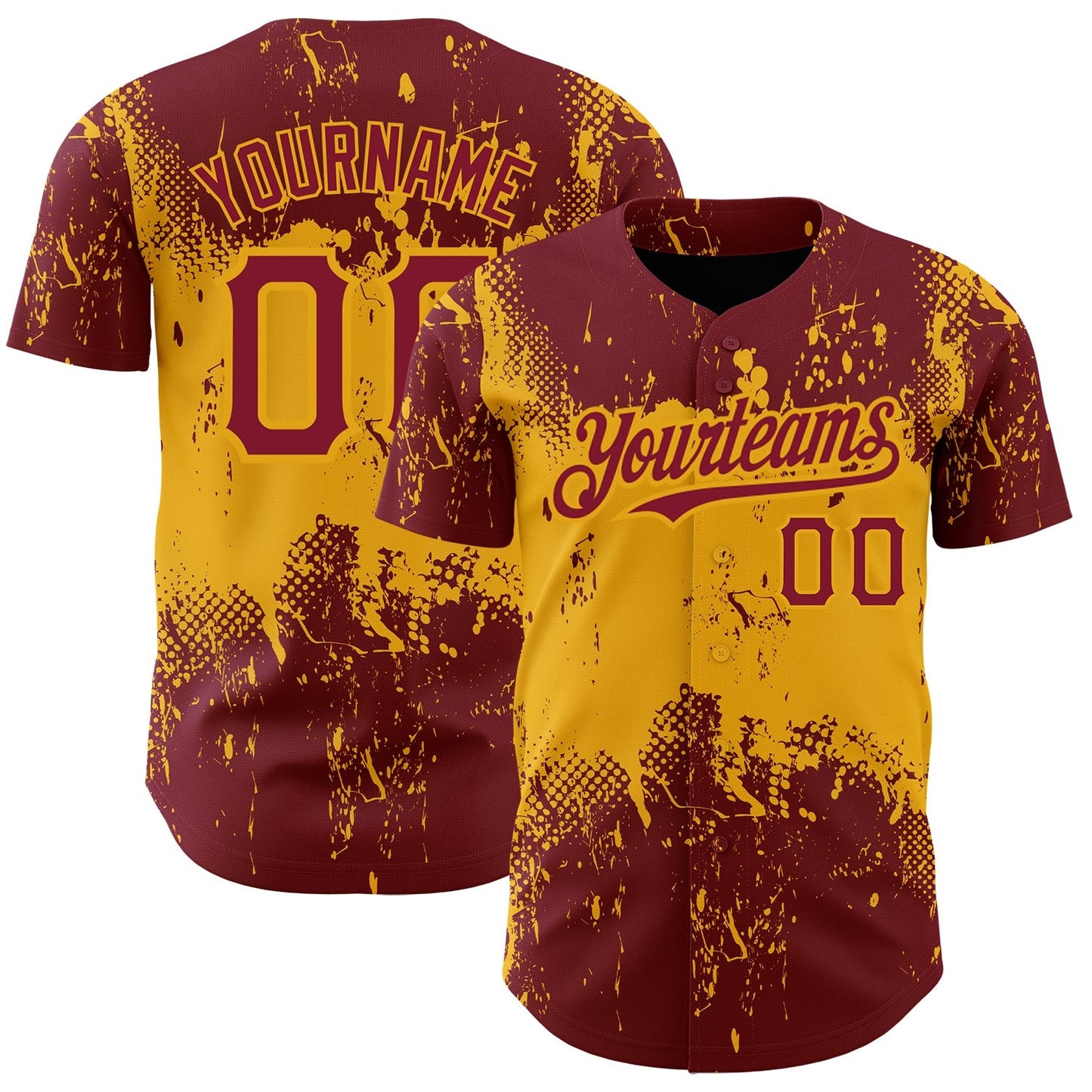 Custom Crimson Gold 3D Pattern Design Abstract Splatter Grunge Art Authentic Baseball Jersey baseball jersey product view 1