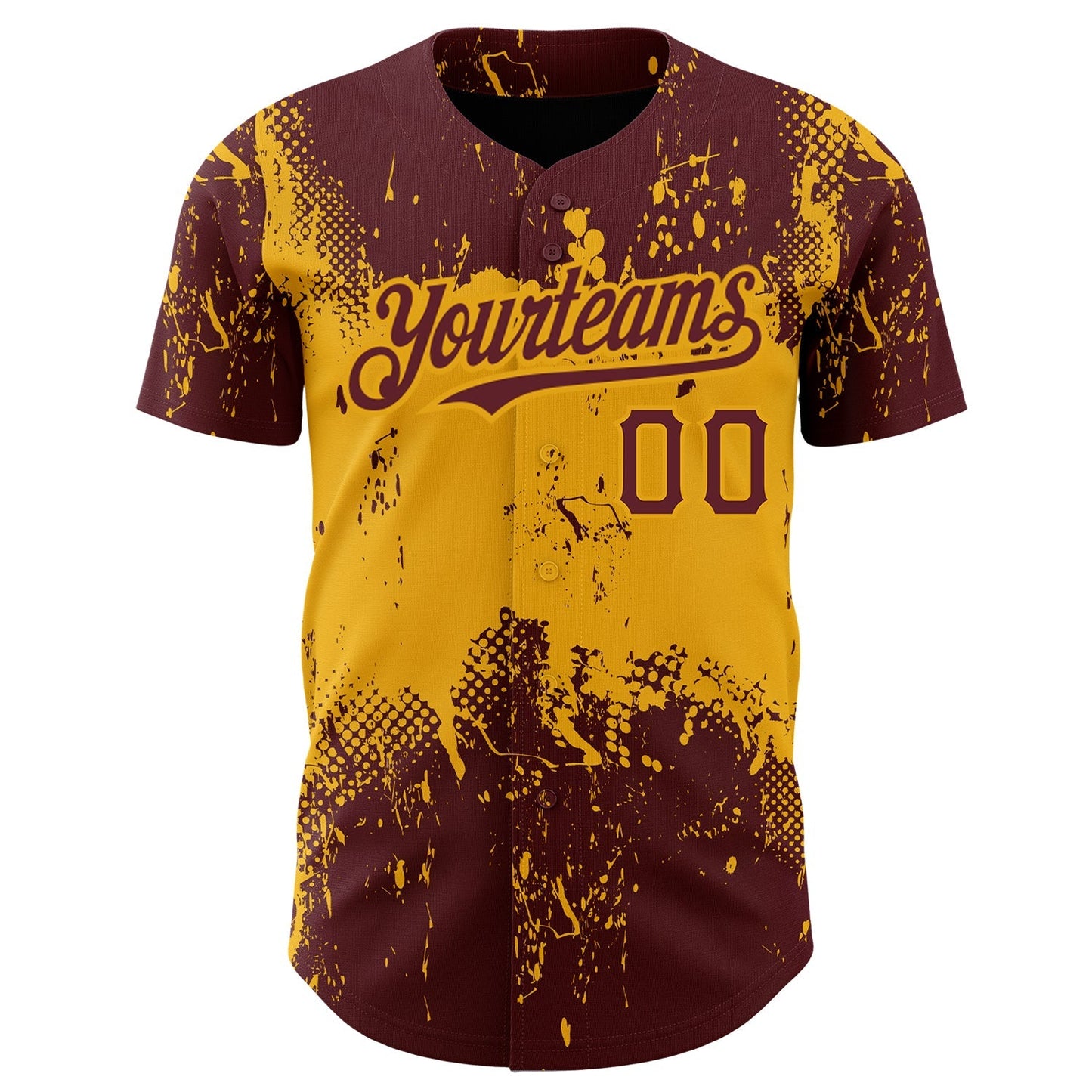Custom Burgundy Gold 3D Pattern Design Abstract Splatter Grunge Art Authentic Baseball Jersey baseball jersey product view 2