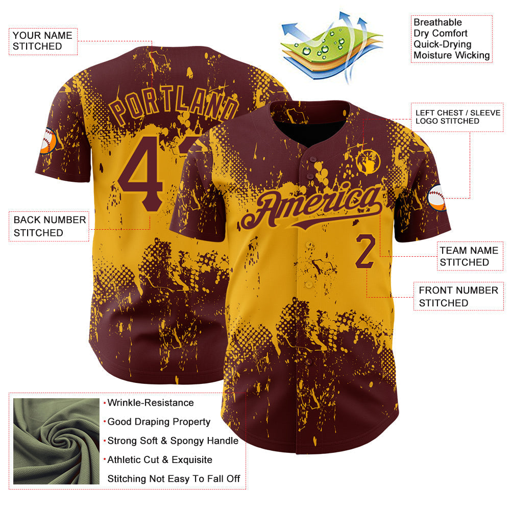 Custom Burgundy Gold 3D Pattern Design Abstract Splatter Grunge Art Authentic Baseball Jersey baseball jersey product view 3