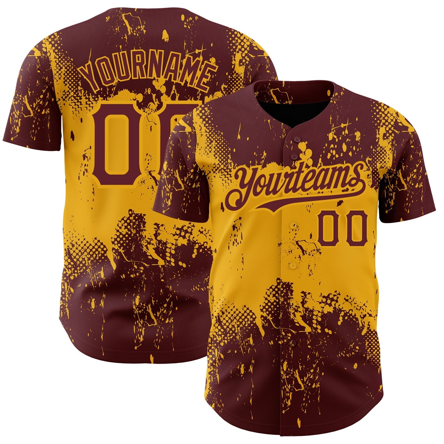 Custom Burgundy Gold 3D Pattern Design Abstract Splatter Grunge Art Authentic Baseball Jersey baseball jersey product view 1
