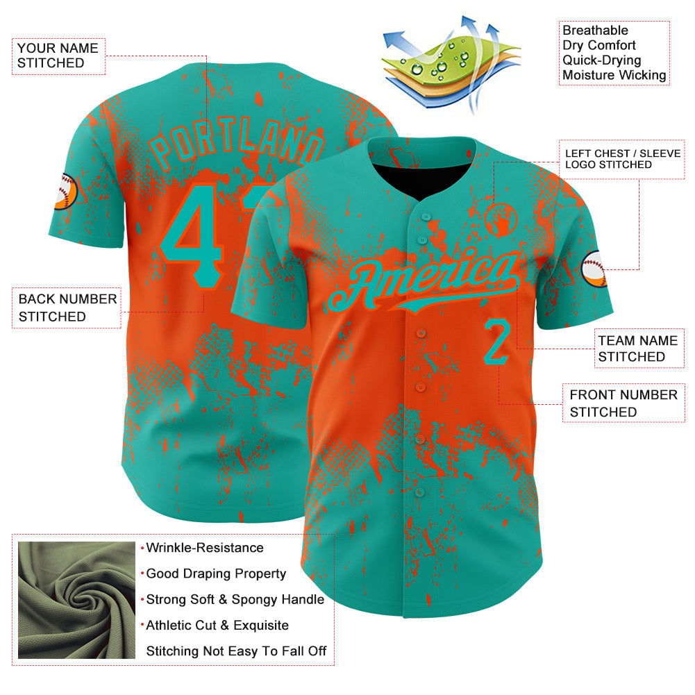 Custom Aqua Orange 3D Pattern Design Abstract Splatter Grunge Art Authentic Baseball Jersey baseball jersey product view 3