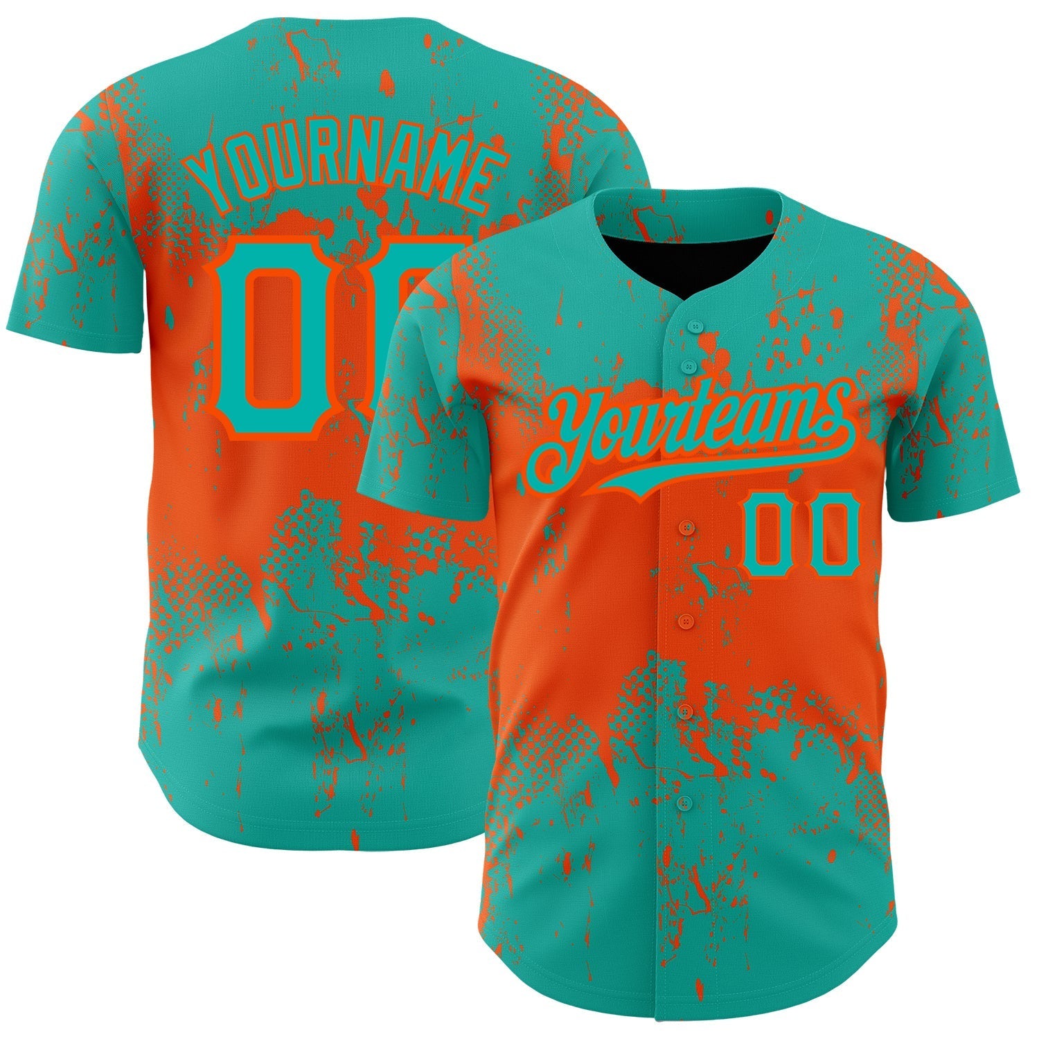 Custom Aqua Orange 3D Pattern Design Abstract Splatter Grunge Art Authentic Baseball Jersey baseball jersey product view 1
