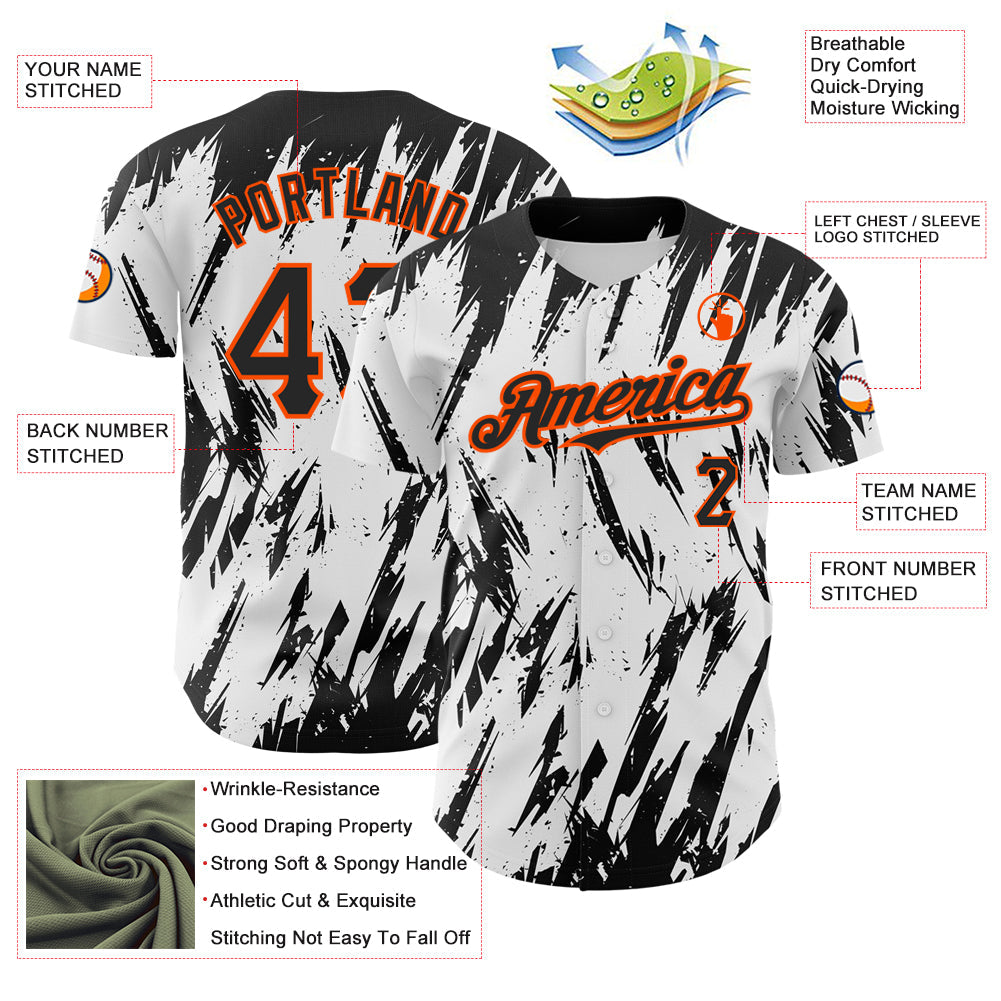 Custom White Black-Orange 3D Pattern Design Abstract Sharp Shape Authentic Baseball Jersey baseball jersey product view 3